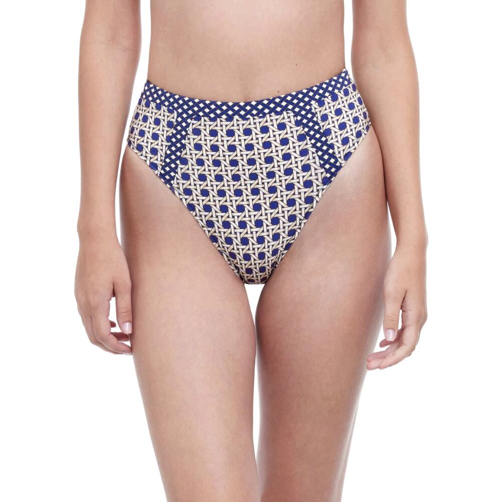 NWT Gottex Maasai High Bikini Bottom Woven Print Blue Beige High Waist Cut